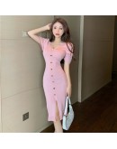  Summer Knitting Dress Chic V-Neck Short Sleeve Single Breasted Split Sexy Sheath Dress Hip Package Club Party Vestido