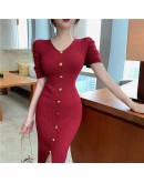  Summer Knitting Dress Chic V-Neck Short Sleeve Single Breasted Split Sexy Sheath Dress Hip Package Club Party Vestido