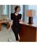  Summer Knitting Dress Chic V-Neck Short Sleeve Single Breasted Split Sexy Sheath Dress Hip Package Club Party Vestido