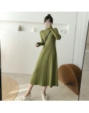  Autumn Winter Half Turtleneck Sweater Dress Women's A-Line Long Knitted Dresses Ladies Willon Green Vestido Feminino