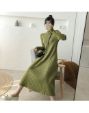  Autumn Winter Half Turtleneck Sweater Dress Women's A-Line Long Knitted Dresses Ladies Willon Green Vestido Feminino