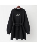   Spring Autumn Loose Hoodies Dress for Women Lether Print Mini Dresses with Belt Sashes Vestidos de Mujer