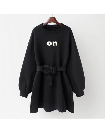   Spring Autumn Loose Hoodies Dress for Women Lether Print Mini Dresses with Belt Sashes Vestidos de Mujer