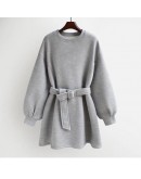   Spring Autumn Loose Hoodies Dress for Women Lether Print Mini Dresses with Belt Sashes Vestidos de Mujer