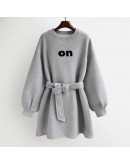   Spring Autumn Loose Hoodies Dress for Women Lether Print Mini Dresses with Belt Sashes Vestidos de Mujer