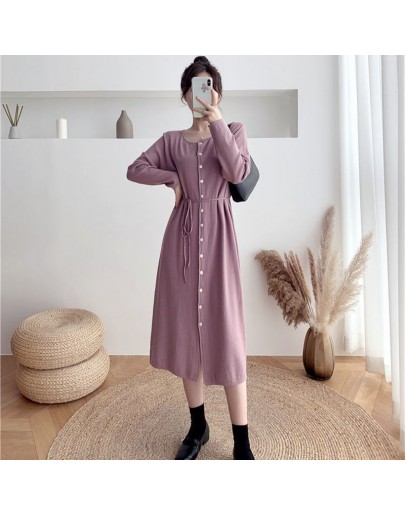  Autumn Winter Knit Dress Women's   Single Breasted Lace Up Long Sweater Dresses Straight Gray vestidos mujer