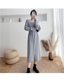  Autumn Winter Knit Dress Women's   Single Breasted Lace Up Long Sweater Dresses Straight Gray vestidos mujer