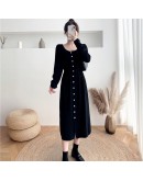  Autumn Winter Knit Dress Women's   Single Breasted Lace Up Long Sweater Dresses Straight Gray vestidos mujer