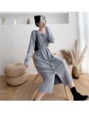  Autumn Winter Knit Dress Women's   Single Breasted Lace Up Long Sweater Dresses Straight Gray vestidos mujer