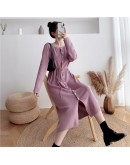  Autumn Winter Knit Dress Women's   Single Breasted Lace Up Long Sweater Dresses Straight Gray vestidos mujer