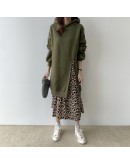   Women Autumn Winter Hoodies Dresses Patchwork Fake Two Pieces Leopard Vintage Oversized Hooded Long Dresses