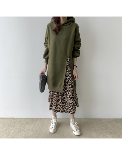   Women Autumn Winter Hoodies Dresses Patchwork Fake Two Pieces Leopard Vintage Oversized Hooded Long Dresses