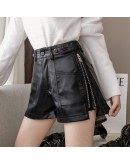 Black Shorts Women PU Faux Leather Shorts Autumn Winter High Waist Woman Shorts Wide Leg Short Pants Side Zipper Women's Shorts