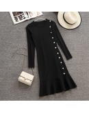  Knit Dress Autumn Winter Ruffles Knitted Fishtail Dresses Women Single-breasted Elegant Vestidos Female Robes Z100