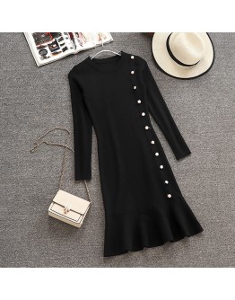  Knit Dress Autumn Winter Ruffles Knitted Fishtail Dresses Women Single-breasted Elegant Vestidos Female Robes Z100