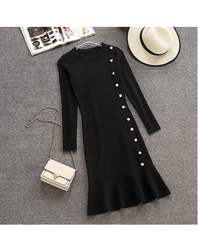  Knit Dress Autumn Winter Ruffles Knitted Fishtail Dresses Women Single-breasted Elegant Vestidos Female Robes Z100