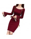  Autumn Winter Pearl Beading Knitted Dress Women Elegant High Street Long Flare Sleeve Bodycon Party Dresses