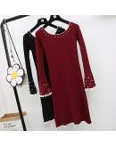  Autumn Winter Pearl Beading Knitted Dress Women Elegant High Street Long Flare Sleeve Bodycon Party Dresses