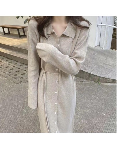  Arrive Long Sweater Dress Women Autumn Winter Knitting Dresses Ladies Stand Collar Single Breasted Belted Vestido