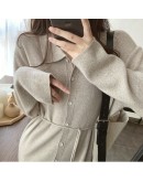  Arrive Long Sweater Dress Women Autumn Winter Knitting Dresses Ladies Stand Collar Single Breasted Belted Vestido