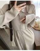  Arrive Long Sweater Dress Women Autumn Winter Knitting Dresses Ladies Stand Collar Single Breasted Belted Vestido