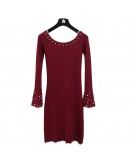  Autumn Winter Pearl Beading Knitted Dress Women Elegant High Street Long Flare Sleeve Bodycon Party Dresses