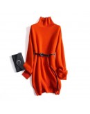 High  Autumn Sweater Dress Women Winter Thick Warm Turtleneck Knitted Dress with Belt Loose White Black Bottom Knitwear