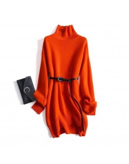 High  Autumn Sweater Dress Women Winter Thick Warm Turtleneck Knitted Dress with Belt Loose White Black Bottom Knitwear