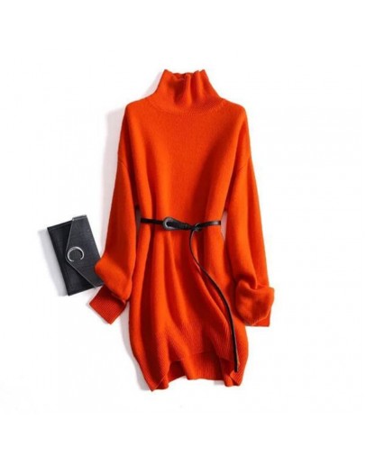 High  Autumn Sweater Dress Women Winter Thick Warm Turtleneck Knitted Dress with Belt Loose White Black Bottom Knitwear