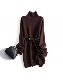 High  Autumn Sweater Dress Women Winter Thick Warm Turtleneck Knitted Dress with Belt Loose White Black Bottom Knitwear