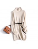 High  Autumn Sweater Dress Women Winter Thick Warm Turtleneck Knitted Dress with Belt Loose White Black Bottom Knitwear