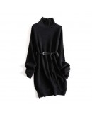 High  Autumn Sweater Dress Women Winter Thick Warm Turtleneck Knitted Dress with Belt Loose White Black Bottom Knitwear