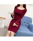  Autumn Winter Pearl Beading Knitted Dress Women Elegant High Street Long Flare Sleeve Bodycon Party Dresses