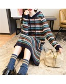 Autumn Winter Vintage Retro Sweater Dress Women Loose Hooded Knitted Dresses Stripe Print Vestido Warm Midi Dress Padded