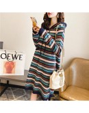 Autumn Winter Vintage Retro Sweater Dress Women Loose Hooded Knitted Dresses Stripe Print Vestido Warm Midi Dress Padded