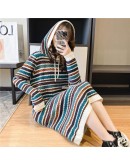 Autumn Winter Vintage Retro Sweater Dress Women Loose Hooded Knitted Dresses Stripe Print Vestido Warm Midi Dress Padded