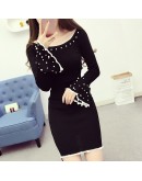  Autumn Winter Pearl Beading Knitted Dress Women Elegant High Street Long Flare Sleeve Bodycon Party Dresses