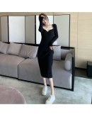  Spring Autumn Sexy Knitting Dress Women's V-Neck Long Sleeve Slim Fit Long Sweater Dresses Elastic Vestido Femme