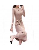 Autumn Winter Sweater Dress Women  Elegant Ladies Knitted Office Vestido Bandage Plus Size Long Sleeve Mid-calf Dress