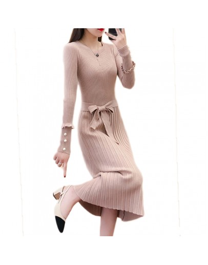 Autumn Winter Sweater Dress Women  Elegant Ladies Knitted Office Vestido Bandage Plus Size Long Sleeve Mid-calf Dress