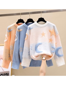 Spring Autumn Lazy Oaf Loose Pullover Sweaters Women's O-neck Outerwear Knitted Jumper Star Moon Print Sweet Crop Sweater