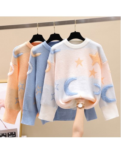 Spring Autumn Lazy Oaf Loose Pullover Sweaters Women's O-neck Outerwear Knitted Jumper Star Moon Print Sweet Crop Sweater