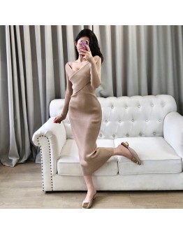 Spring Autumn Knitting Wrap Dress  Solid High Waist Long Sleeve Sheath Bodycon Sexy V-Neck Long Sweater Dresses