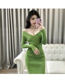 Spring Autumn Knitting Wrap Dress  Solid High Waist Long Sleeve Sheath Bodycon Sexy V-Neck Long Sweater Dresses