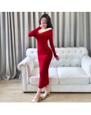 Spring Autumn Knitting Wrap Dress  Solid High Waist Long Sleeve Sheath Bodycon Sexy V-Neck Long Sweater Dresses