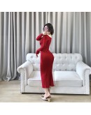 Spring Autumn Knitting Wrap Dress  Solid High Waist Long Sleeve Sheath Bodycon Sexy V-Neck Long Sweater Dresses