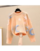 Spring Autumn Lazy Oaf Loose Pullover Sweaters Women's O-neck Outerwear Knitted Jumper Star Moon Print Sweet Crop Sweater