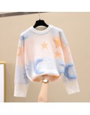 Spring Autumn Lazy Oaf Loose Pullover Sweaters Women's O-neck Outerwear Knitted Jumper Star Moon Print Sweet Crop Sweater