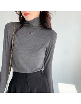 Autumn Winter Turtleneck Women's T-Shirts Bottom Long Sleeve Solid Casual Shirt Female Elastic Crop Tops Lady Black Clothes