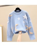 Spring Autumn Lazy Oaf Loose Pullover Sweaters Women's O-neck Outerwear Knitted Jumper Star Moon Print Sweet Crop Sweater